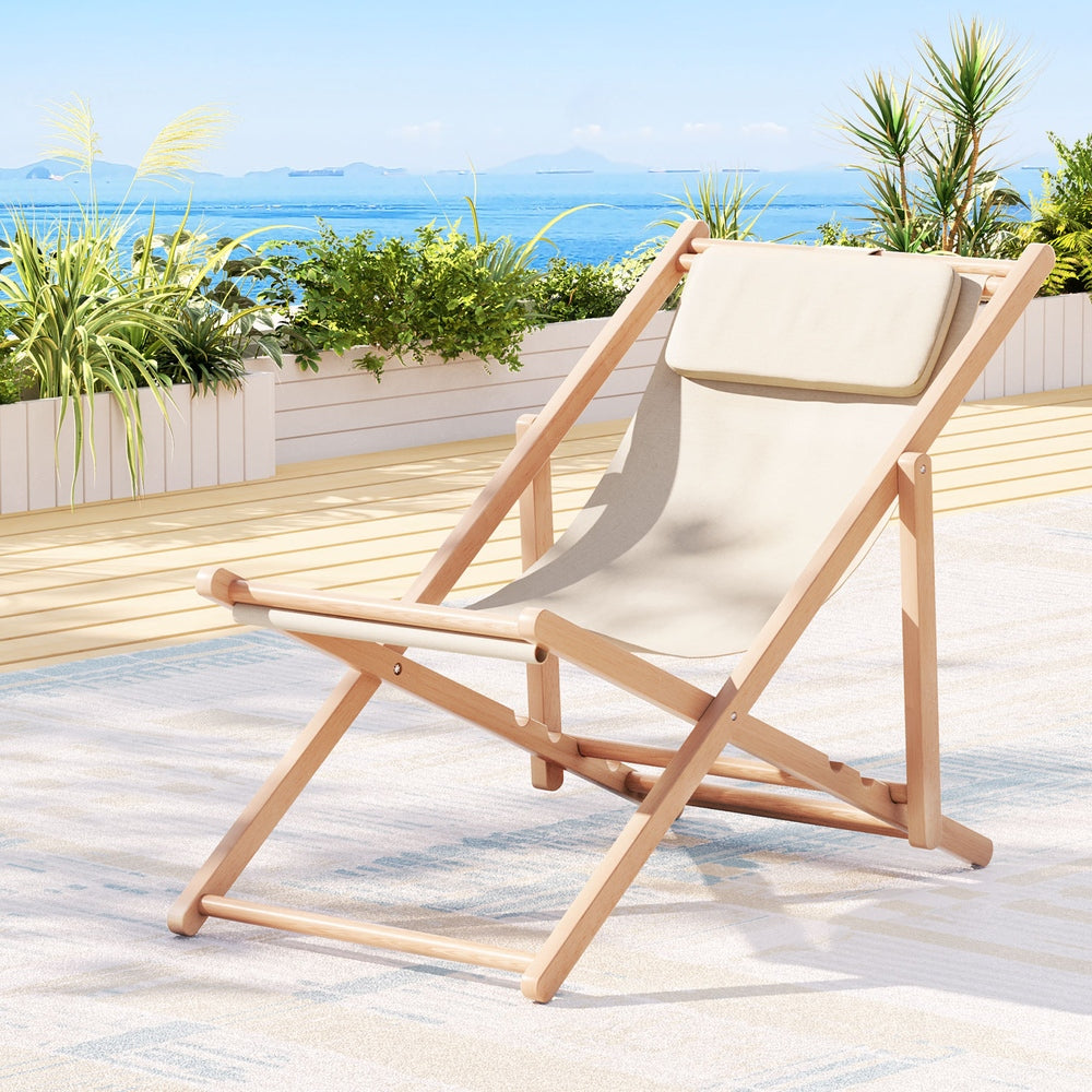 Gardeon Outdoor Deck Chair Wooden Sun Lounge Folding Beach Patio Furniture Beige-Sun Lounges-PEROZ Accessories