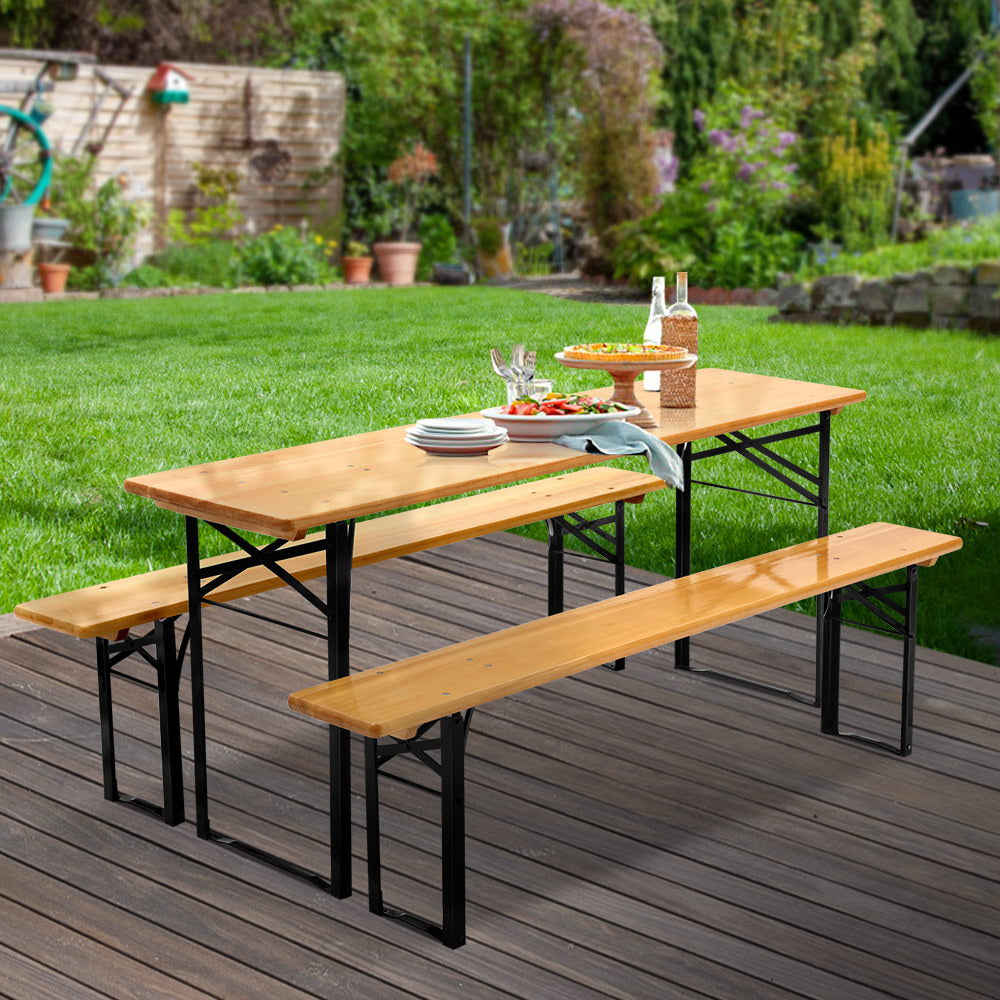 Gardeon Wooden Outdoor Foldable Bench Set - Natural-Furniture &gt; Outdoor-PEROZ Accessories