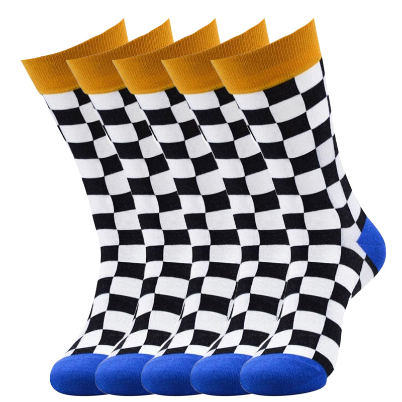 Anysox 5 Pairs Size 5-14 Fashion Socks Novelty Skateboard Squares Black and White Pattern Cotton for Women Dark Blue-Socks-PEROZ Accessories