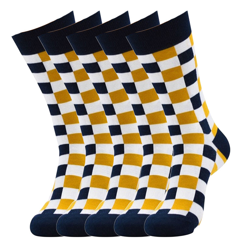 Anysox 5 Pairs Size 5-14 Fashion Socks Novelty Skateboard Squares Blue and White Pattern Cotton for Women Khaki-Socks-PEROZ Accessories