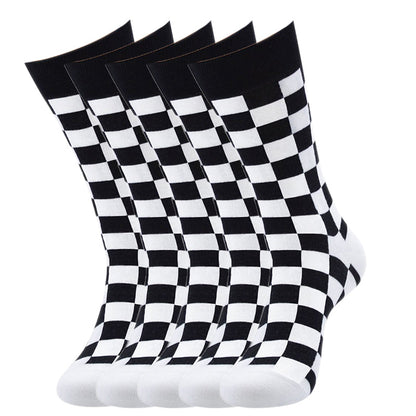 Anysox 5 Pairs Size 5-14 Fashion Socks Novelty Skateboard Squares Black and White Pattern Cotton for Women White-Socks-PEROZ Accessories