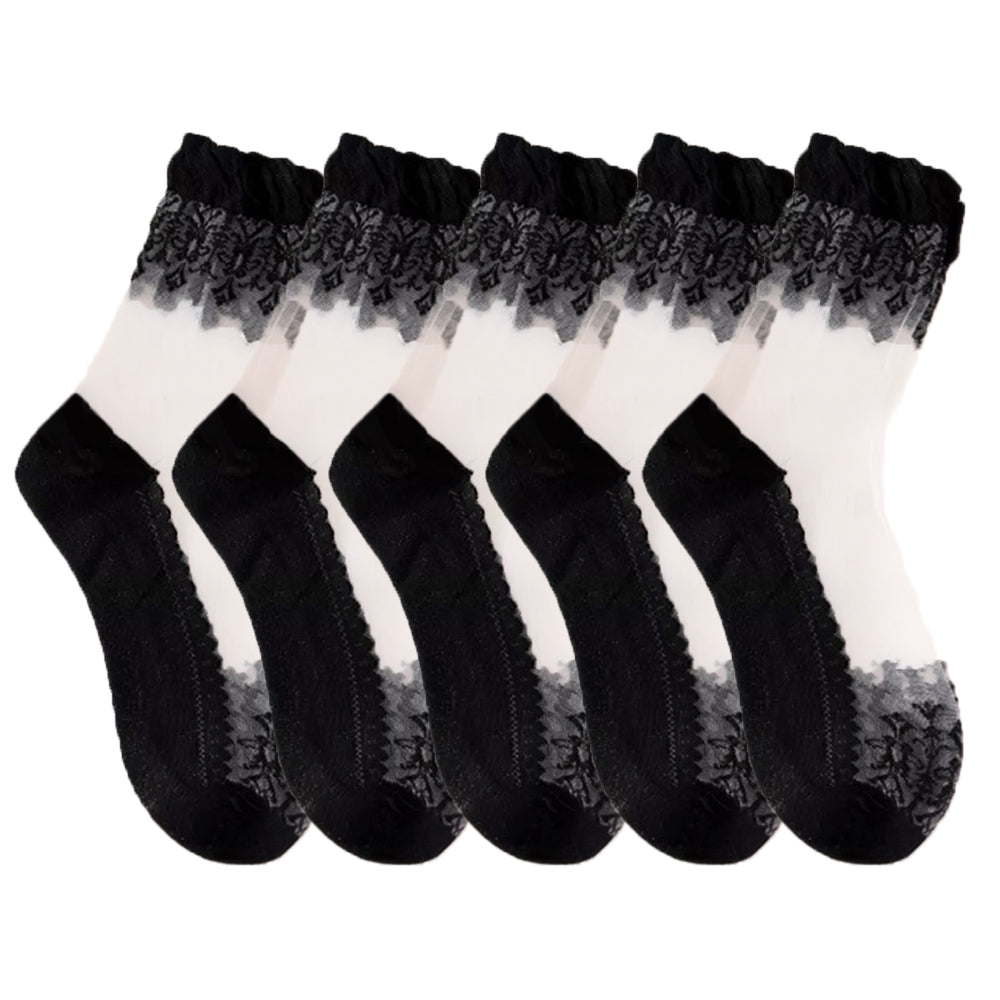 Anysox 5 Pairs Size 5-9 Fashion Socks Summer Lace Embroidery Breathable Silk Transparent Glass Crystal Stretch for Women Black-Socks-PEROZ Accessories