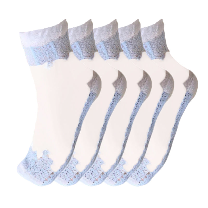Anysox 5 Pairs Size 5-9 Fashion Socks Summer Lace Embroidery Breathable Silk Transparent Glass Crystal Stretch for Women Sky Blue-Socks-PEROZ Accessories