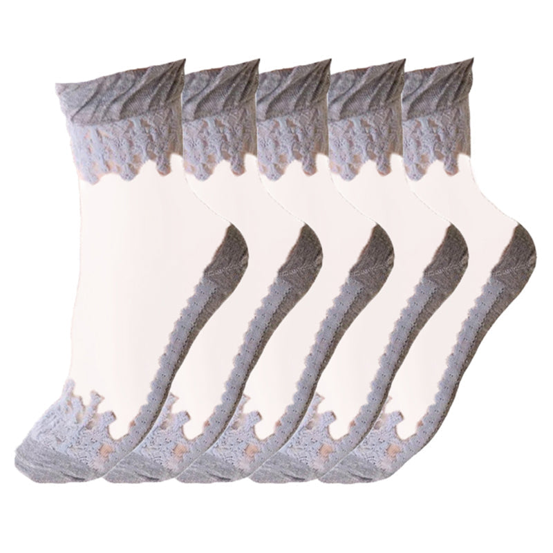 Anysox 5 Pairs Size 5-9 Fashion Socks Summer Lace Embroidery Breathable Silk Transparent Glass Crystal Stretch for Women Grey-Socks-PEROZ Accessories