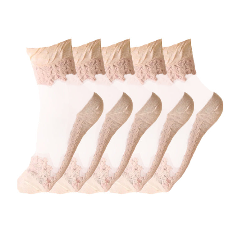 Anysox 5 Pairs Size 5-9 Fashion Socks Summer Lace Embroidery Breathable Silk Transparent Glass Crystal Stretch for Women Beige-Socks-PEROZ Accessories