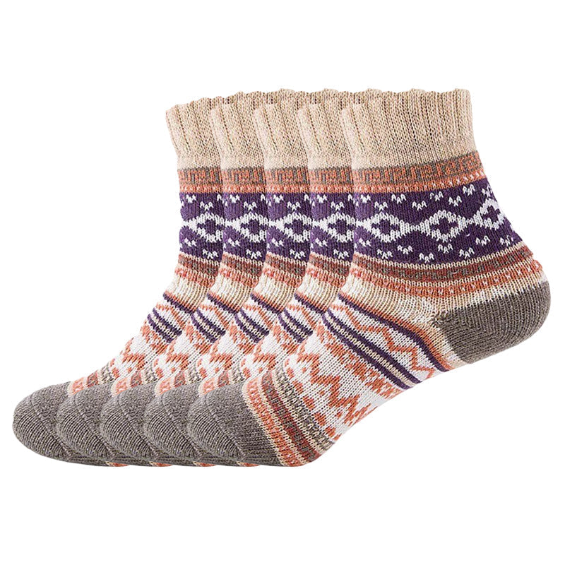 Anysox 5 Pairs Size 5-9 Fashion Thick Warm wool Women Socks Khaki Colored Casual National Wind Flower Designed Cotton For Men Woman Foot Accessories-Socks-PEROZ Accessories