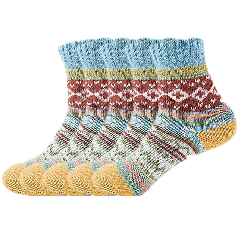 Anysox 5 Pairs Size 5-9 of Fashion Thick Warm wool Women Socks Blue Colored Casual National Wind Flower Designed Cotton For Men Woman Foot Accessories-Socks-PEROZ Accessories
