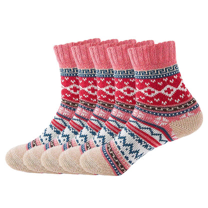 Anysox 5 Pairs Size 5-9 of Fashion Thick Warm wool Women Socks Red Colored Casual National Wind Flower Designed Cotton For Men Woman Foot Accessories-Socks-PEROZ Accessories