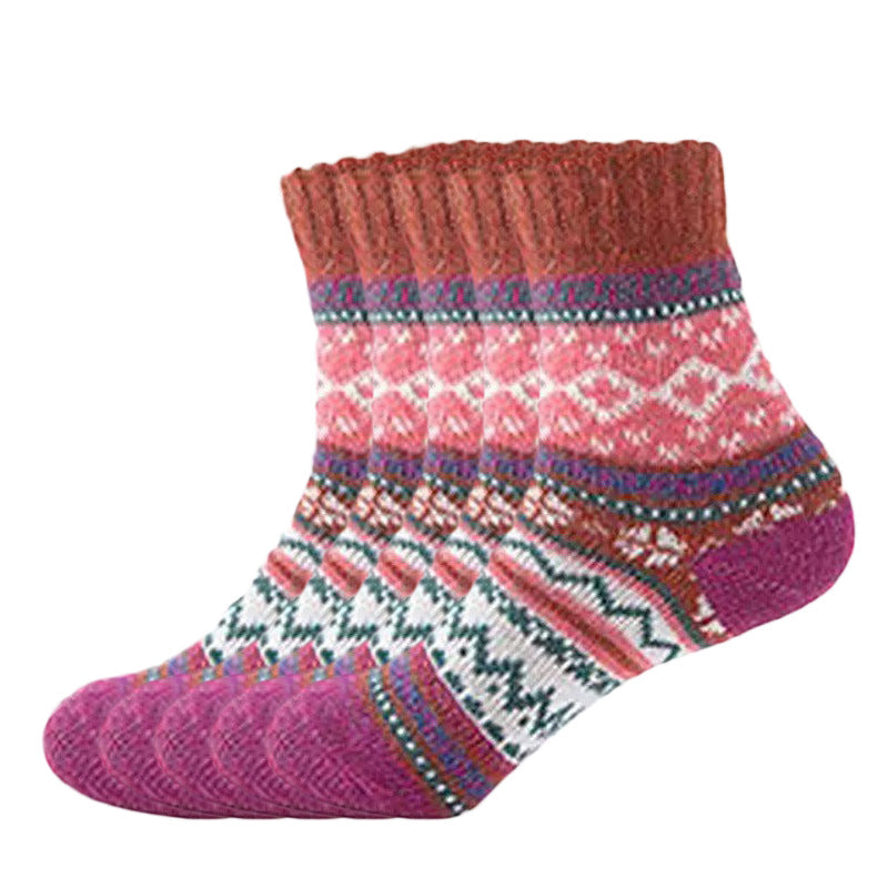 Anysox 5 Pairs Size 5-9 of Fashion Thick Warm wool Women Socks Burgundy Colored Casual National Wind Flower Designed Cotton For Men Woman Foot Accessories-Socks-PEROZ Accessories