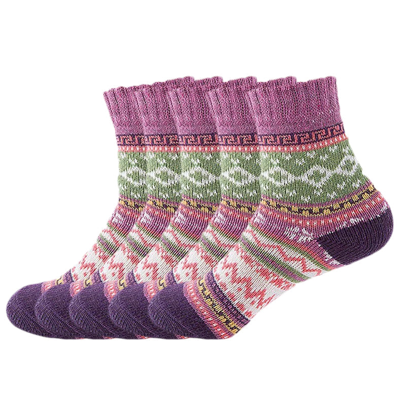 Anysox 5 Pairs Size 5-9 of Fashion Thick Warm wool Women Socks Purple Colored Casual National Wind Flower Designed Cotton For Men Woman Foot Accessories-Socks-PEROZ Accessories