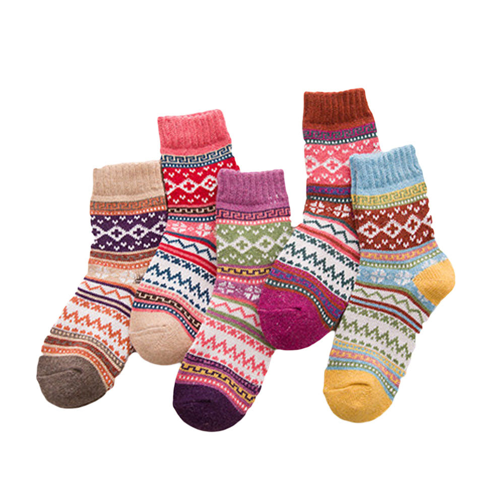 Anysox 5 Pairs One Size 5-9 Mix Color Winter Thick Warm Wool Socks With Colorful Fashionable And Casual Euramerican National Wind-Flowers Sock-Socks-PEROZ Accessories
