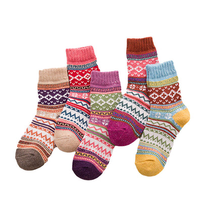 Anysox 5 Pairs One Size 5-9 Mix Color Winter Thick Warm Wool Socks With Colorful Fashionable And Casual Euramerican National Wind-Flowers Sock-Socks-PEROZ Accessories