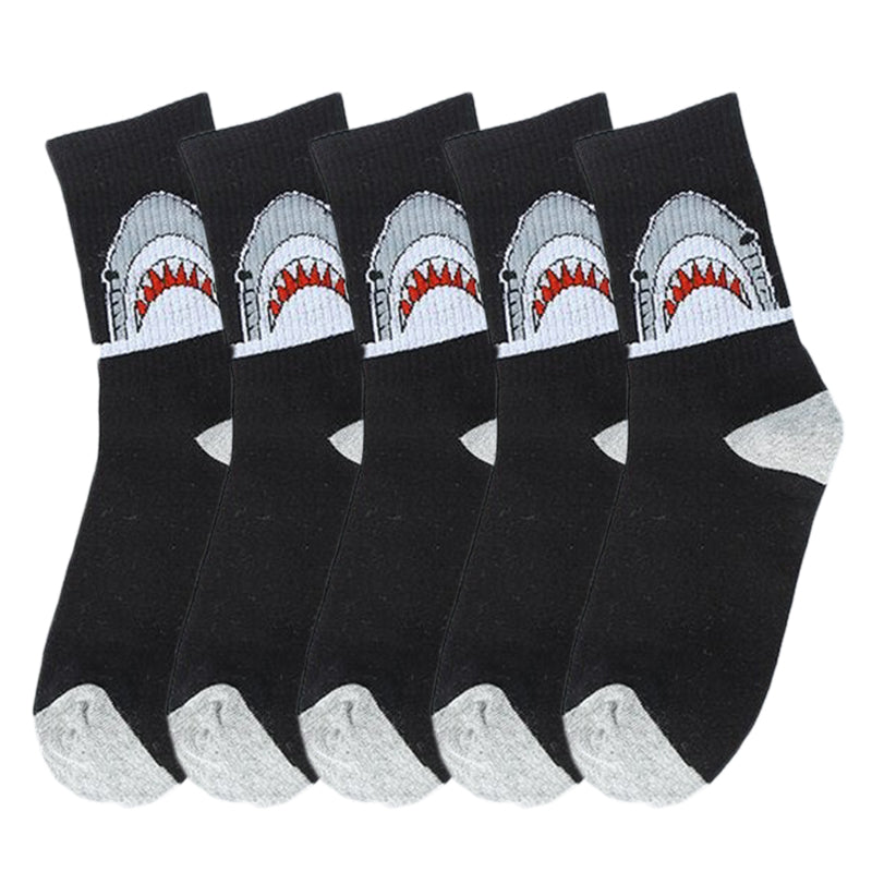 Anysox 5 Pairs Size 4-9 Black Sports Socks Long Casual Shark Print Hip-hop breathable Unisex Skateboard Knitted Casual Sports Fashion-Socks-PEROZ Accessories