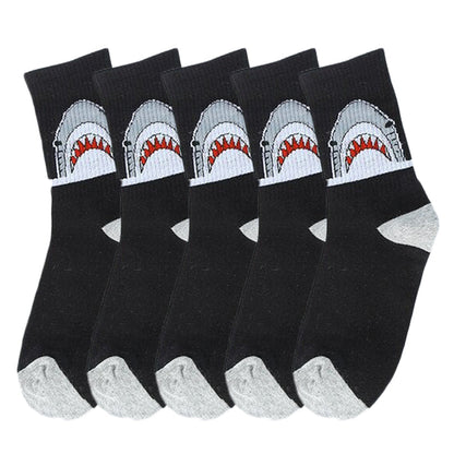Anysox 5 Pairs Size 4-9 Black Sports Socks Long Casual Shark Print Hip-hop breathable Unisex Skateboard Knitted Casual Sports Fashion-Socks-PEROZ Accessories