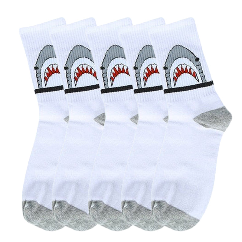 Anysox 5 Pairs Size 4-9 White Sports Socks Long Casual Shark Print Hip-hop breathable Unisex Skateboard Knitted Casual Sports Fashion-Socks-PEROZ Accessories
