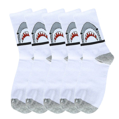 Anysox 5 Pairs Size 4-9 White Sports Socks Long Casual Shark Print Hip-hop breathable Unisex Skateboard Knitted Casual Sports Fashion-Socks-PEROZ Accessories