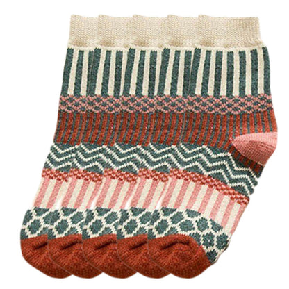 Anysox 5 Pairs Size 5-9 Fashion Socks Colorful Wind-Flowers Cotton Winter Thick Warm Wool Casual for Women White-Socks-PEROZ Accessories