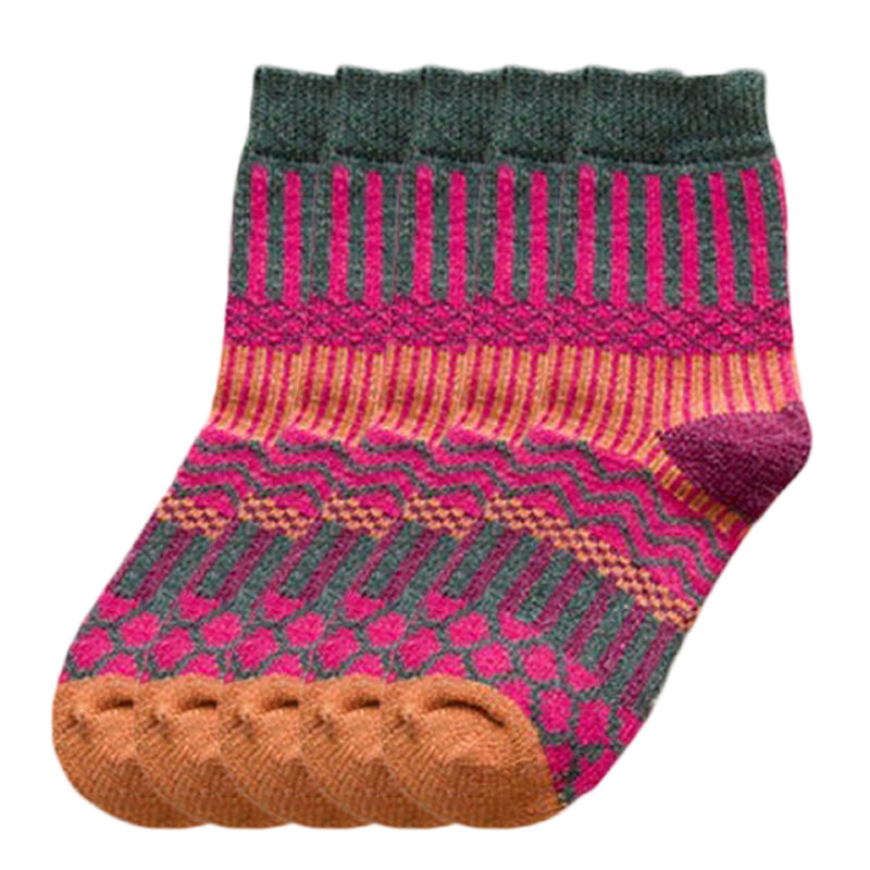 Anysox 5 Pairs Size 5-9 Fashion Socks Colorful Wind-Flowers Cotton Winter Thick Warm Wool Casual for Women Green-Socks-PEROZ Accessories