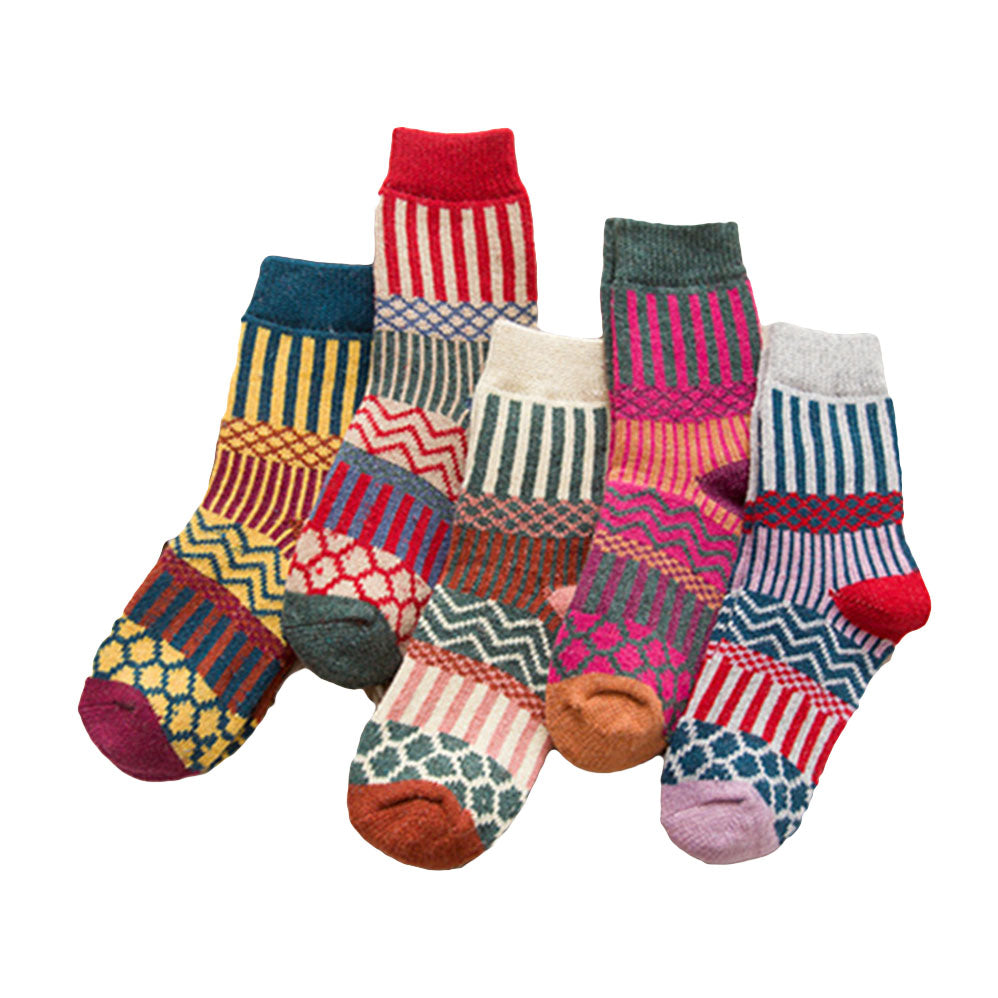 Anysox 5 Pairs One Size 5-9 Multicolor Winter Thick Warm Wool Socks With Colorful Fashionable And Casual Euramerican National Wind-Flowers Sock-Socks-PEROZ Accessories