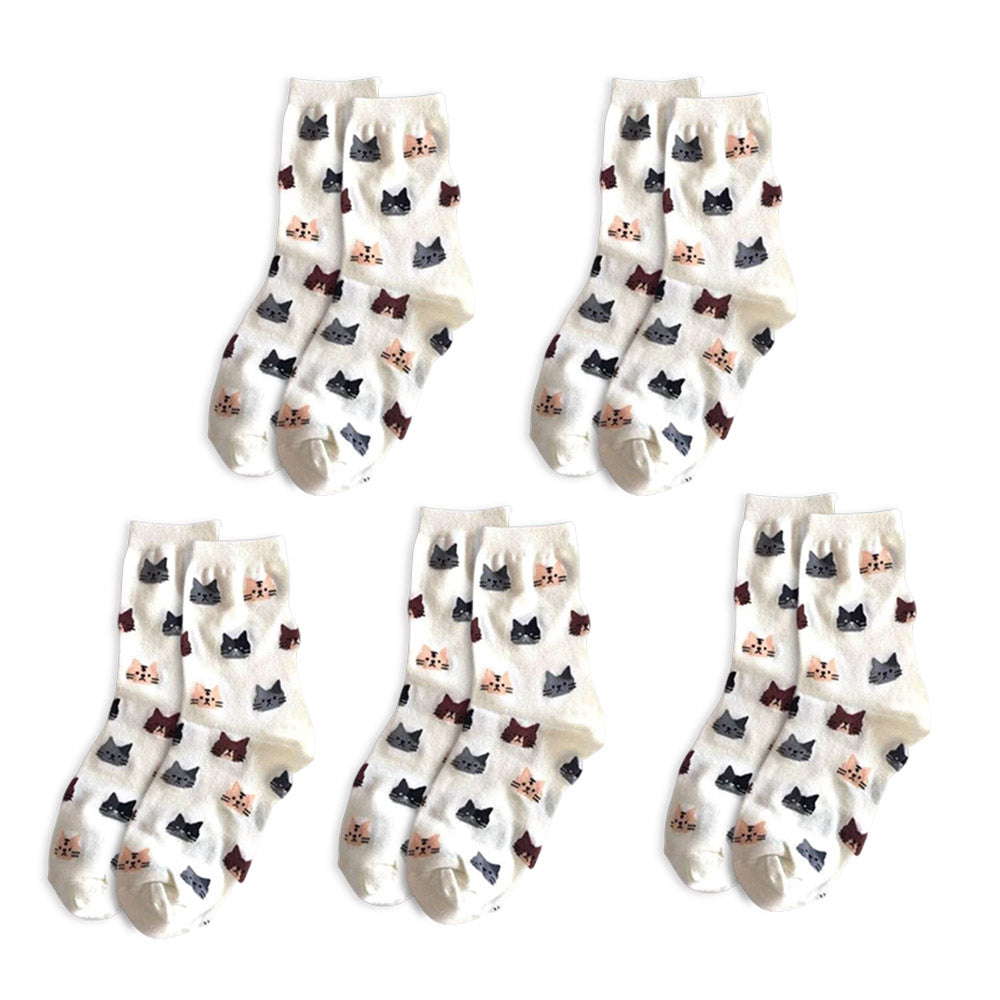 Anysox 5 Pairs White Cat Size 5-9 Fashion Socks High Quality Office Sports Bussiness Long Socks Cotton Solid Colors Skateboard Knitted Casual-Socks-PEROZ Accessories