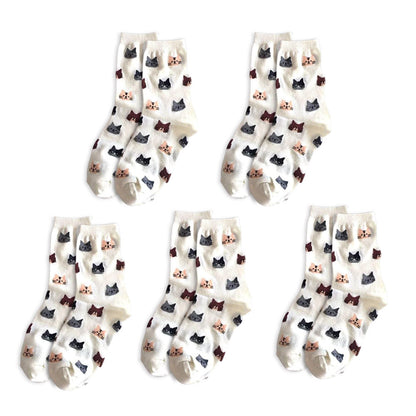 Anysox 5 Pairs White Cat Size 5-9 Fashion Socks High Quality Office Sports Bussiness Long Socks Cotton Solid Colors Skateboard Knitted Casual-Socks-PEROZ Accessories