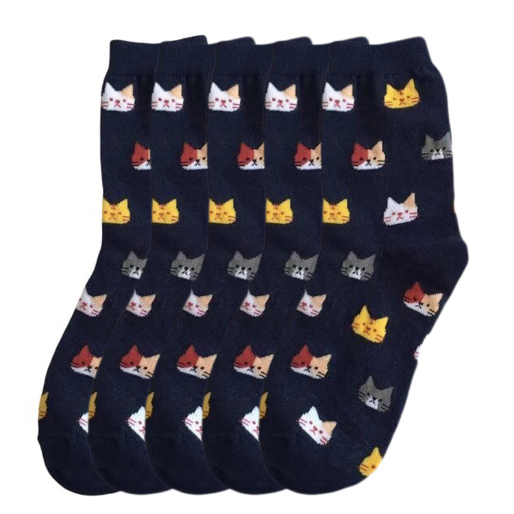 Anysox 5 Pairs Navy Blue Cat Size 5-9 Fashion Socks High Quality Office Sports Bussiness Long Socks Cotton Solid Colors Skateboard Knitted Casual-Socks-PEROZ Accessories