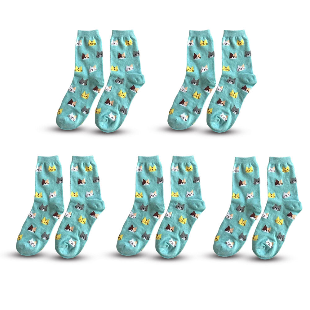 Anysox 5 Pairs Sky Blue Cat Size 5-9 Fashion Socks High Quality Office Sports Bussiness Long Socks Cotton Solid Colors Skateboard Knitted Casual-Socks-PEROZ Accessories