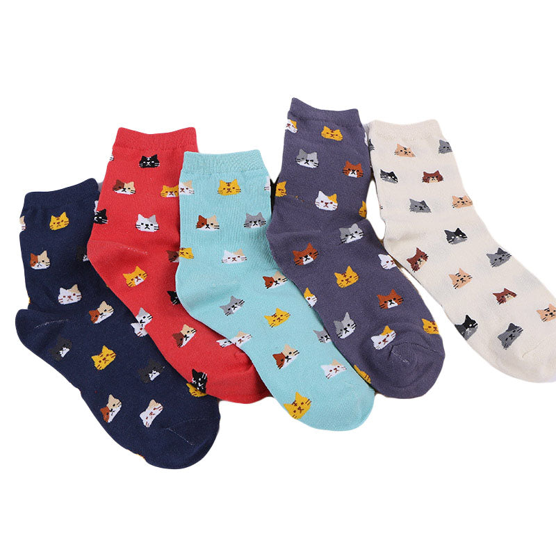 Anysox 5 Pairs One Size 5-9 Mix Colour Cartoon Animal Cute Cat Ankle Short Casual Girl With Thick Warm Cotton Socks for Holiday Gifts-Socks-PEROZ Accessories