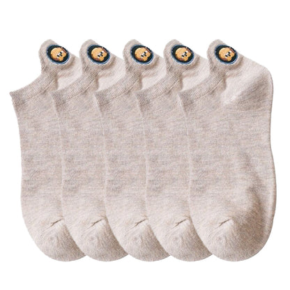 Anysox 5 Pairs One Size 4-5 Khaki Fashion Funny Unisex Stereoscopic Heel Embroidered Women Candy Color Cotton Short Cute Socks-Socks-PEROZ Accessories