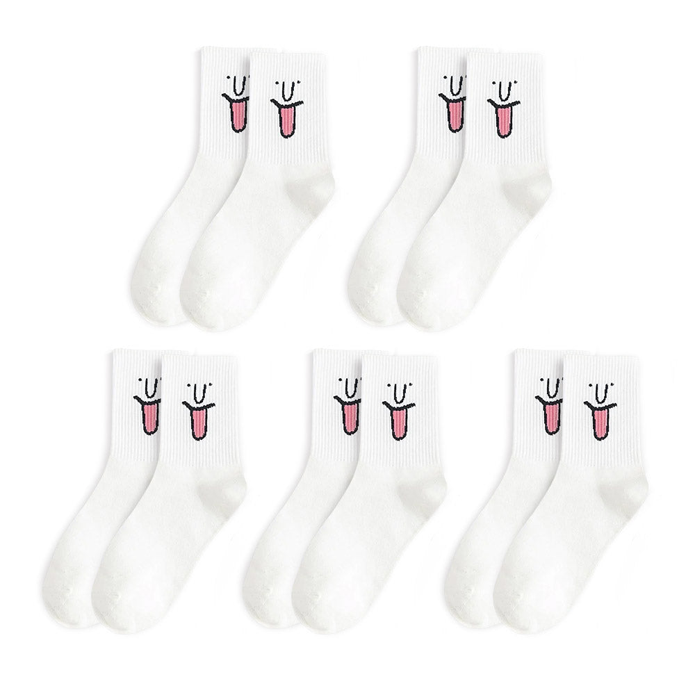 Anysox 5 Pairs One Size 5-9 White Unisex Wacky Expressions Style Trend Surprise Socks With Candy Colors Funny, Kawaii, Happy Girls Socks For Women-Socks-PEROZ Accessories