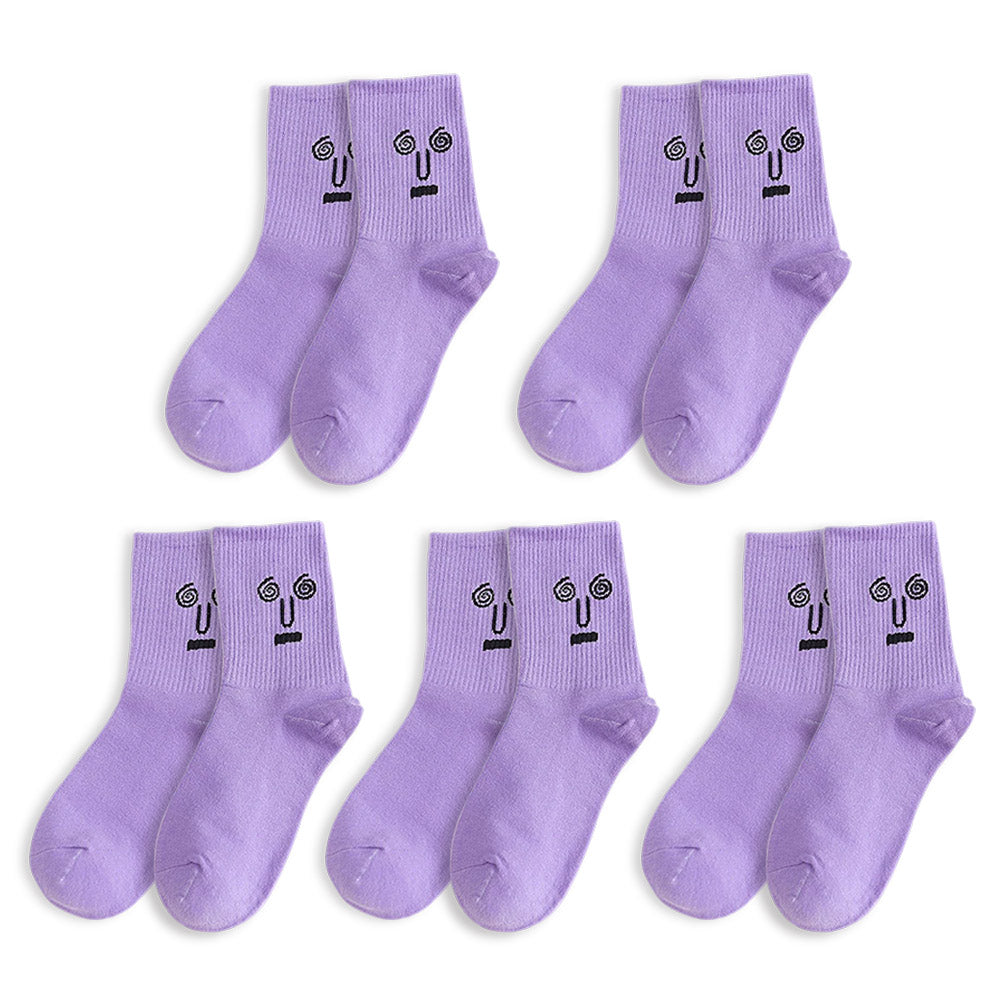 Anysox 5 Pairs One Size 5-9 Purple Unisex Wacky Expressions Style Trend Surprise Socks With Candy Colors Funny, Kawaii, Happy Girls Socks For Women-Socks-PEROZ Accessories