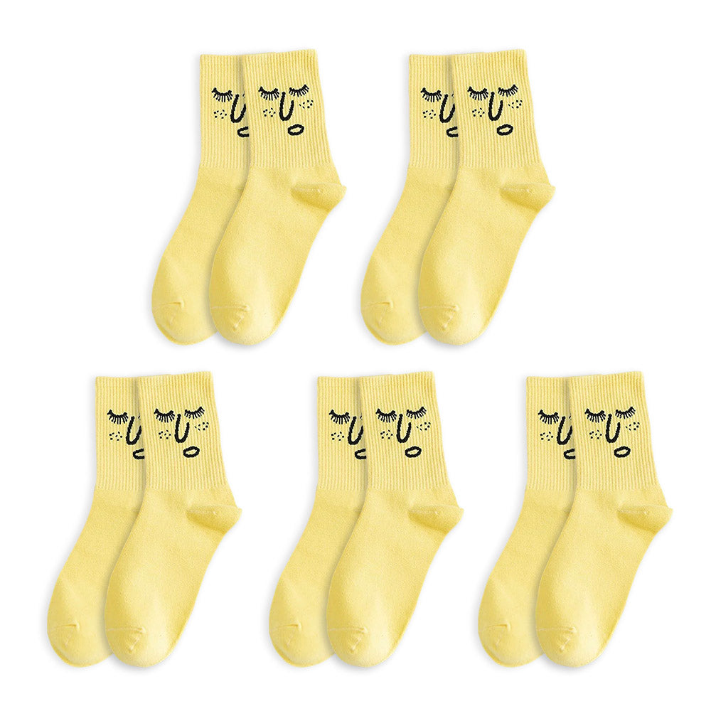 Anysox 5 Pairs One Size 5-9 Yellow Unisex Wacky Expressions Style Trend Surprise Socks With Candy Colors Funny, Kawaii, Happy Girls Socks For Women-Socks-PEROZ Accessories