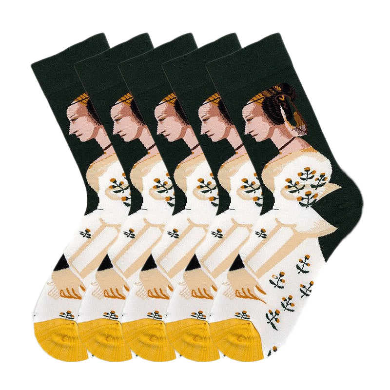 Anysox 5 Pairs Size 5-9 Fashion Socks Combed Cotton Art Abstract King and Queen Oil Painting Novelty Happy Funny Christmas Gift for Women-Socks-PEROZ Accessories