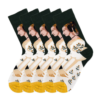 Anysox 5 Pairs Size 5-9 Fashion Socks Combed Cotton Art Abstract King and Queen Oil Painting Novelty Happy Funny Christmas Gift for Women-Socks-PEROZ Accessories