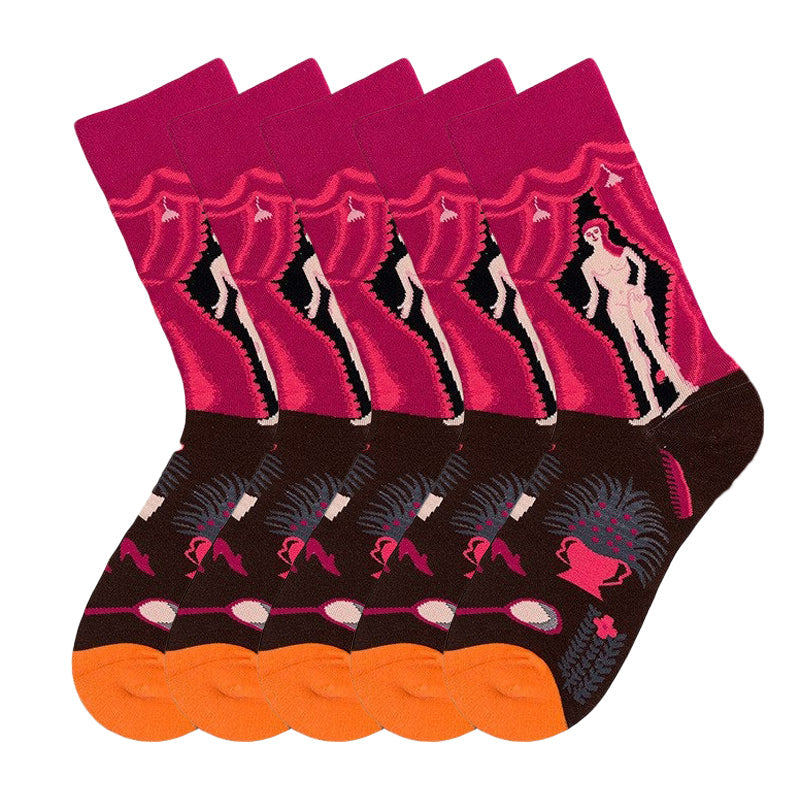 Anysox 5 Pairs Size 5-9 Fashion Socks Combed Cotton Art Abstract Naked Woman Oil Painting Novelty Happy Funny Christmas Gift for Women-Socks-PEROZ Accessories