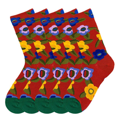Anysox 5 Pairs Size 5-9 Fashion Socks Combed Cotton Art Abstract Flower Oil Painting Novelty Happy Funny Christmas Gift for Women-Socks-PEROZ Accessories