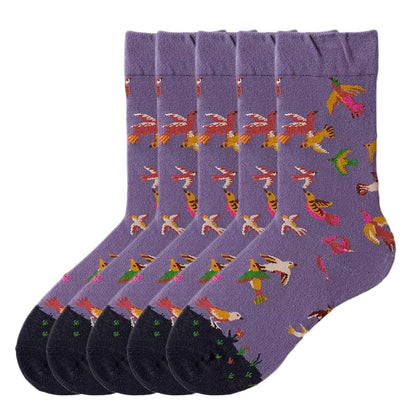 Anysox 5 Pairs Size 5-9 of Fashion Long Sock Cartoon Personalized Creative Birds Painting For Men Woman Foot Cold Winter Warm Comfortable Accessories-Socks-PEROZ Accessories