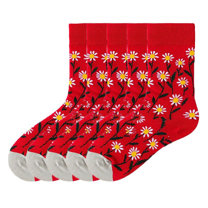 Anysox 5 Pairs Red Size 5-9 Fashion Socks High-Quality Office Sports Business Long Socks Cotton Solid Colors Skateboard Knitted Casual-Socks-PEROZ Accessories