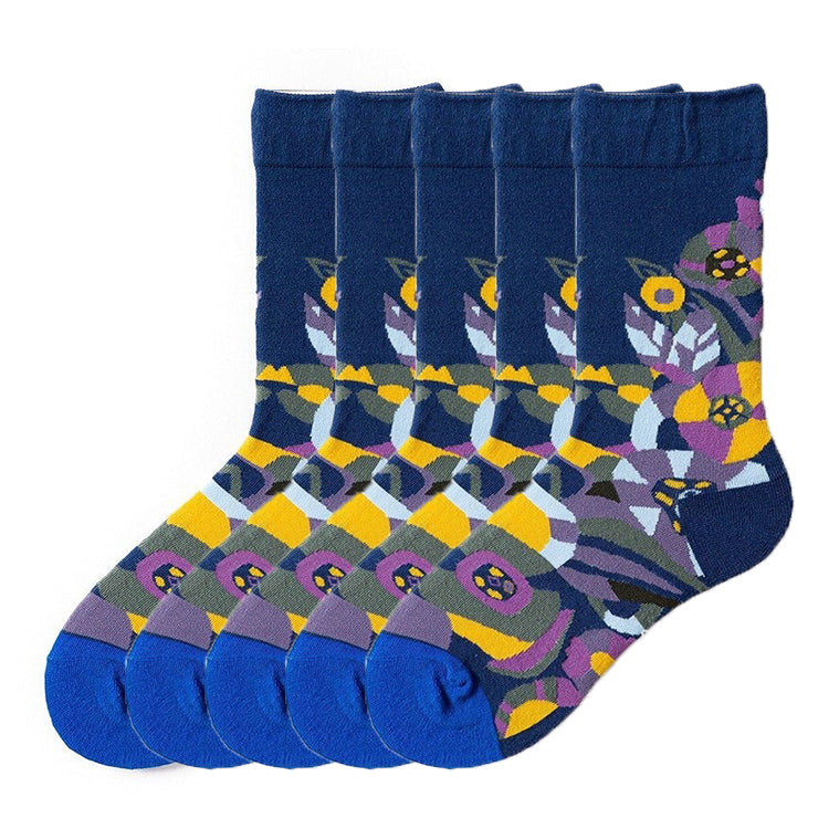 Anysox 5 Pairs Dark Blue Size 5-9 Fashion Socks High-Quality Office Sports Business Long Socks Cotton Solid Colors Skateboard Knitted Casual-Socks-PEROZ Accessories
