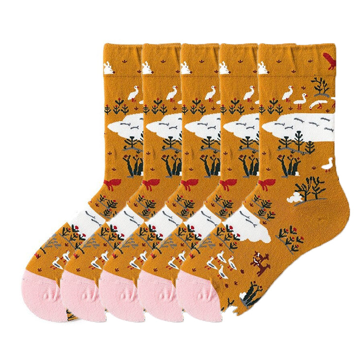 Anysox 5 Pairs Mustard Size 5-9 Fashion Socks High-Quality Office Sports Business Long Socks Cotton Solid Colors Skateboard Knitted Casual-Socks-PEROZ Accessories