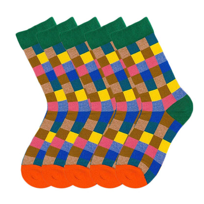 Anysox 5 Pairs Size 5-9 Fashion Socks Combed Cotton Art Multi Color Checkered Abstract Oil Painting Novelty Happy Funny Christmas Gift for Women-Socks-PEROZ Accessories