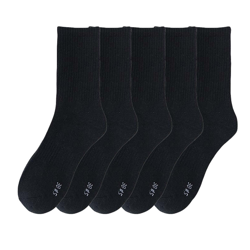 Anysox 5 Pairs Size 6-9 Fashion Socks High Quality Office Sports Business Long Socks Cotton Solid Colors Skateboard Knitted Casual Black-Socks-PEROZ Accessories