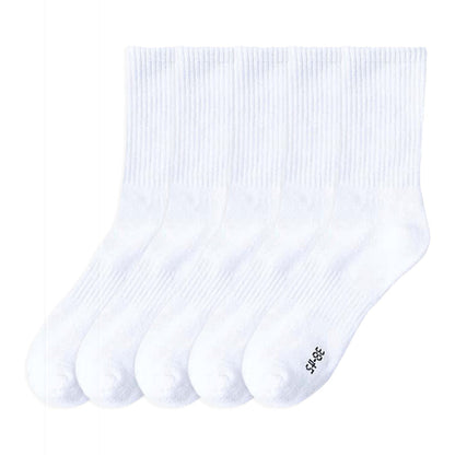 Anysox 5 Pairs Size 6-9 Fashion Socks High Quality Office Sports Business Long Socks Cotton Solid Colors Skateboard Knitted Casual White-Socks-PEROZ Accessories