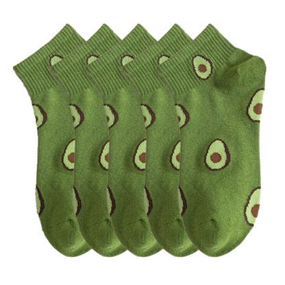 Anysox 5 Pairs One Size 5-9 Green Spring Summer Cotton Avocado Breathable School Girl For Female Ankle Socks-Socks-PEROZ Accessories