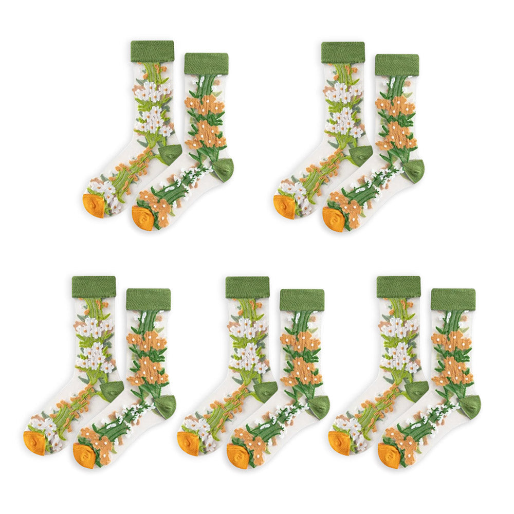 Anysox 5 Pairs Yellow Green Size 5-9 Sock Harajuku Crystal Silk Tide Socks With Flower Vines Comfortable To Wear Prefect For Women-Socks-PEROZ Accessories