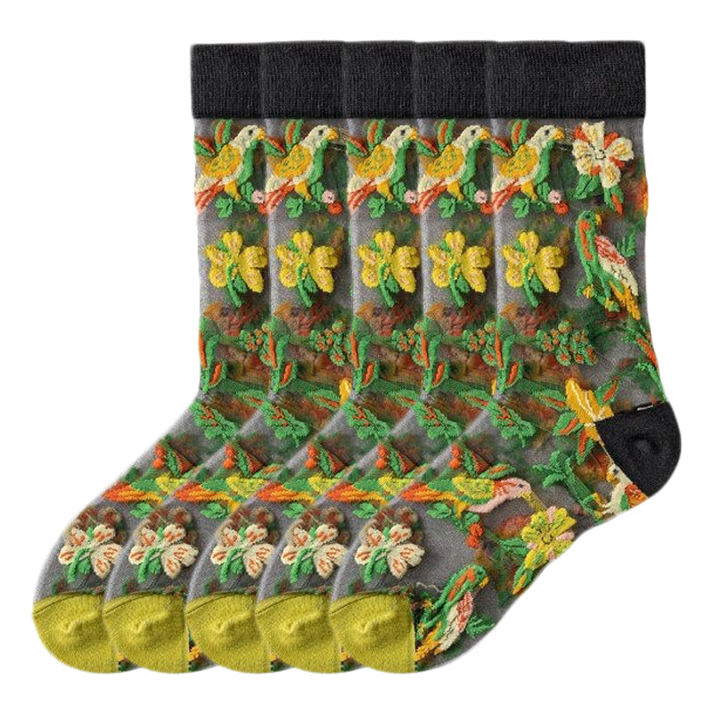 Anysox 5 Pairs Green Size 5-9 Sock Harajuku Crystal Silk Tide Socks With Flower Vines Comfortable To Wear Prefect For Women-Socks-PEROZ Accessories