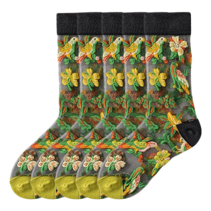 Anysox 5 Pairs Green Size 5-9 Sock Harajuku Crystal Silk Tide Socks With Flower Vines Comfortable To Wear Prefect For Women-Socks-PEROZ Accessories
