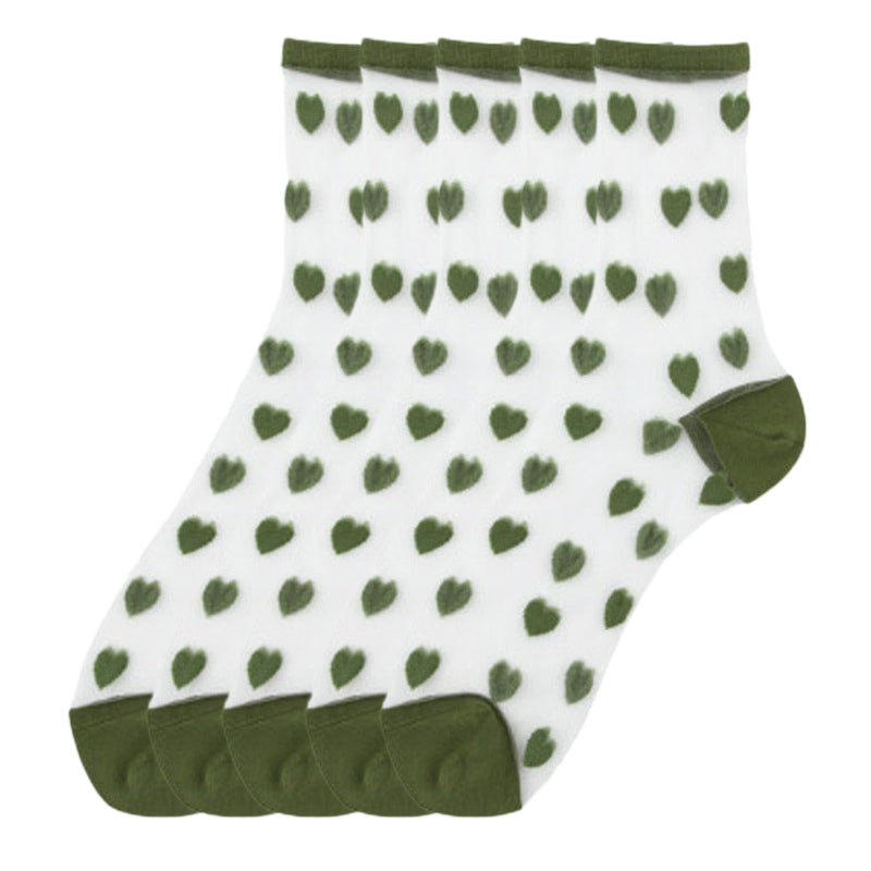 Anysox 5 Pairs Army Green Size 5-9 Heart Tull Glass Silk With Transparent Thin Mesh Color Full Nylon Knee Sock ComFortable To Wear For Ladies-Socks-PEROZ Accessories