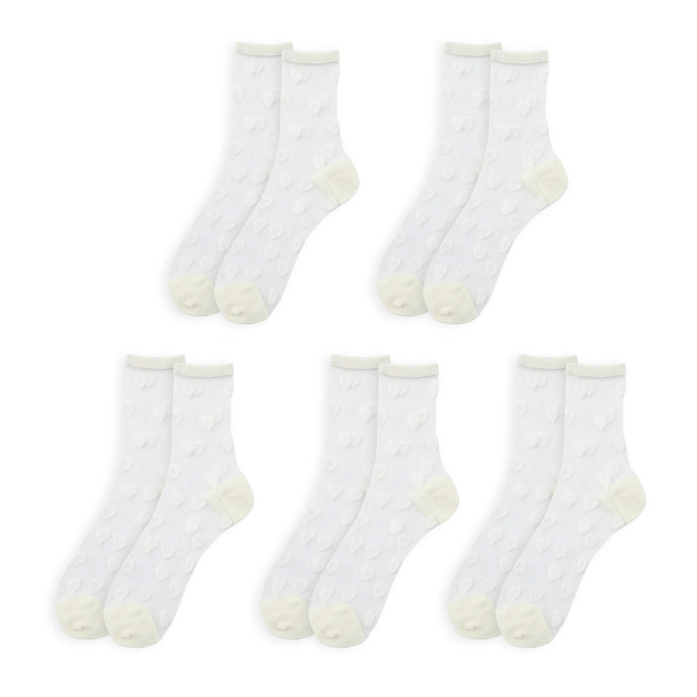 Anysox 5 Pairs White Size 5-9 Heart Tull Glass Silk Design With Transparent Thin Mesh Color Full Nylon S Knee Socks ComFortable To Wear For Ladies-Socks-PEROZ Accessories