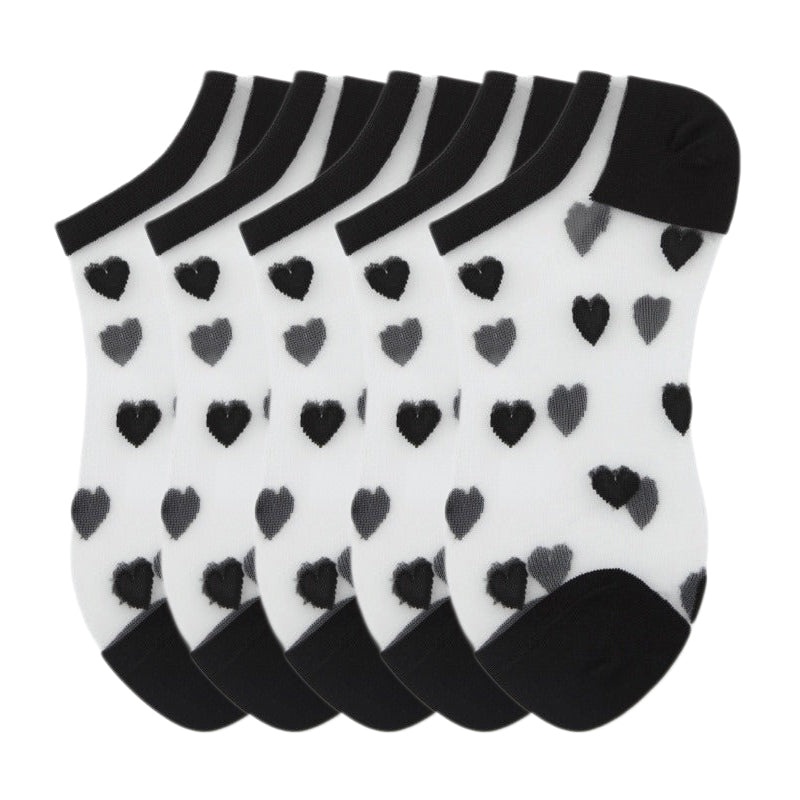 Anysox 5 Pairs Black Size 5-9 Heart Tull Glass Silk Design With Transparent Thin Mesh Color Full Nylon Knee Sock ComFortable To Wear For Ladies-Socks-PEROZ Accessories